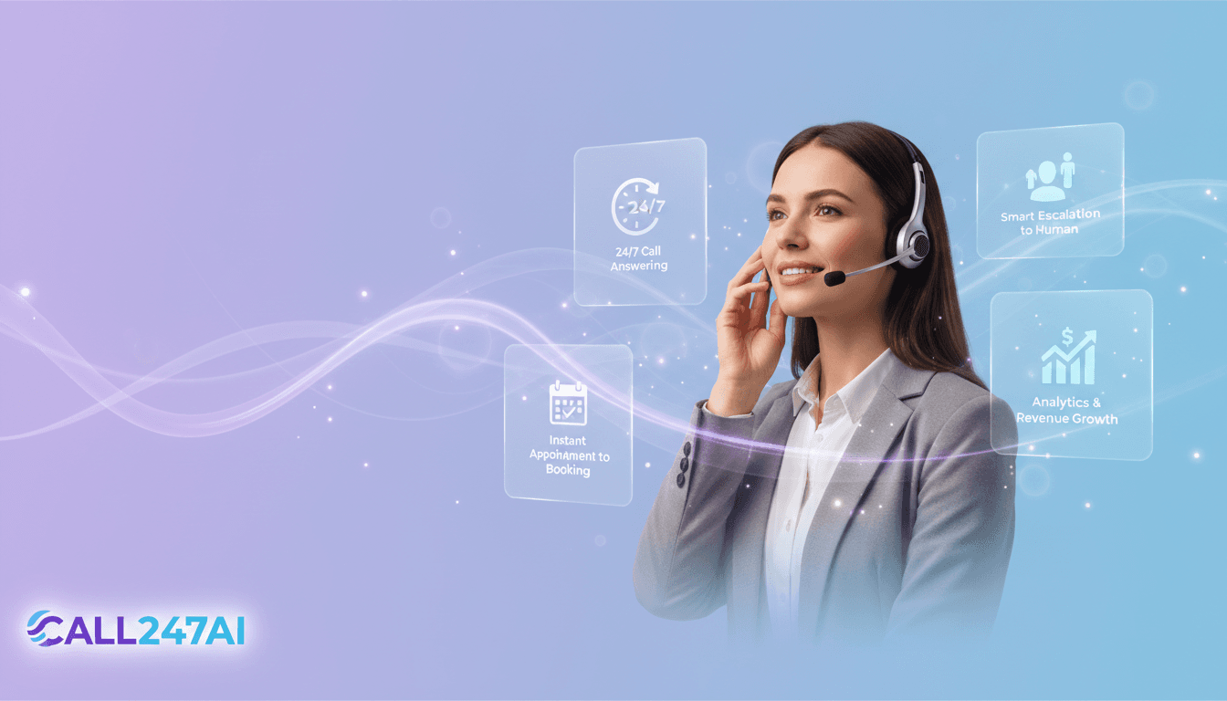 AI voice receptionist banner showing business professional on a call